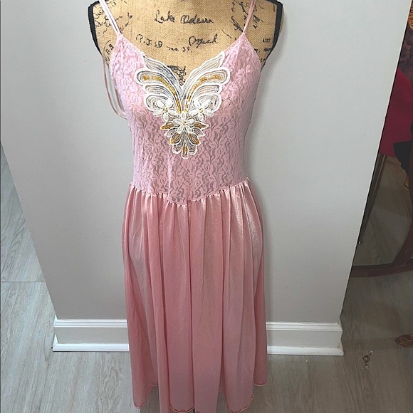 Vintage Cinema Etolie Pink Lace Midi Sleep Dress with Embroidery Large - Picture 1 of 11